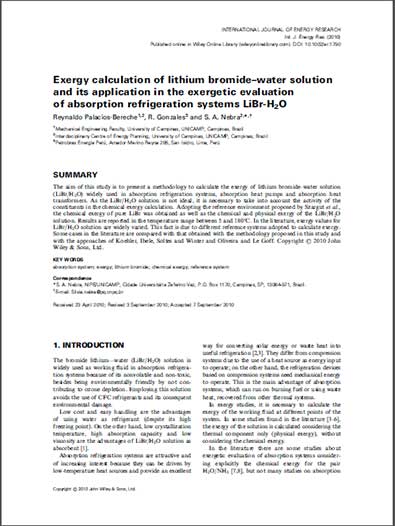 Exergy calculation of lithium bromide–water solution and its application in the exergetic evaluation of absorption refrigeration systems LiBr-H2O