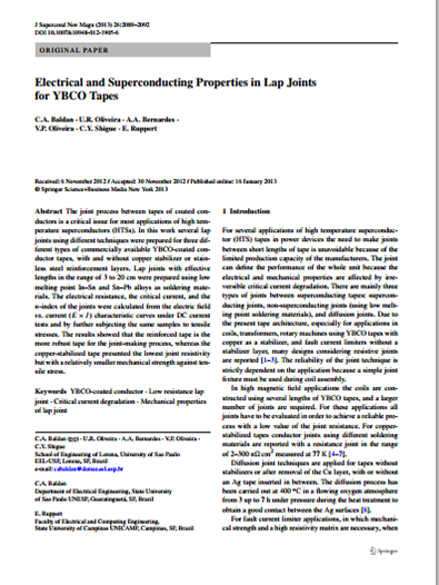 Electrical and Superconducting Properties in Lap Joints for YBCO Tapes (352kb)