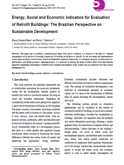 Energy, Social and Economic Indicators for Evaluation of Retrofit Buildings: The Brazilian Perspective on Sustainable Development (59kb)