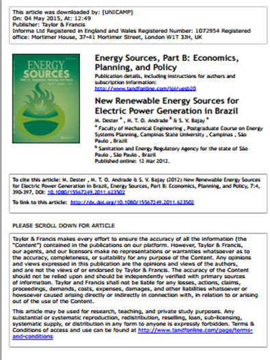 New Renewable Energy Sources for Electric Power Generation in Brazil (128kb)