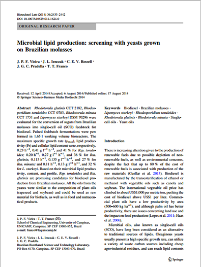 Microbial lipid production: screening with yeasts grown on Brazilian molasses (74kb)