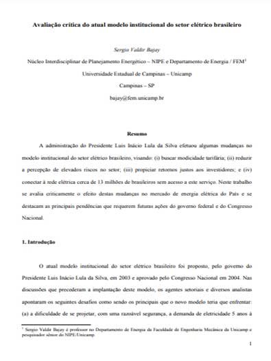 Avaliação Crítica do Atual Modelo Institucional do Setor Elétrico Brasileiro (123kb)