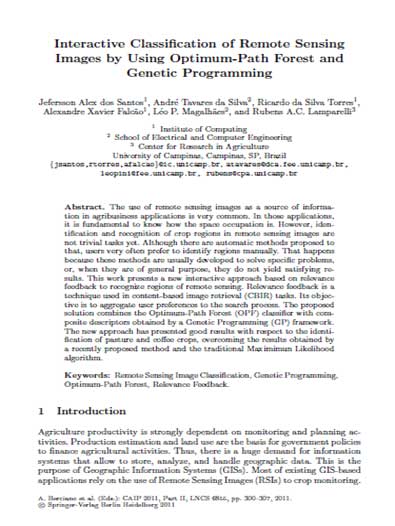 Interactive Classification of Remote Sensing Images by Using Optimum-Path Forest and Genetic Programming (221kb)