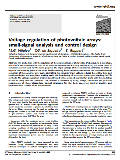 Voltage regulation of photovoltaic arrays: small-signal analysis and control design (1.36mb)